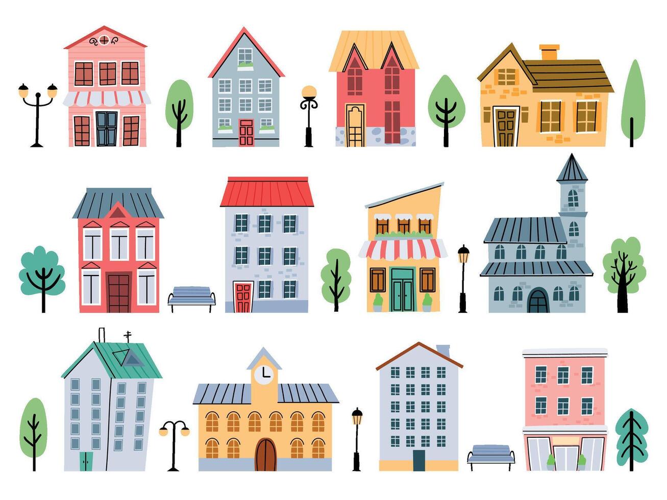 dibujos animados pueblo calle edificios, casas, tiendas, arboles y Linterna para niños. linda urbano arquitectura elementos. infantil ciudad hogar vector conjunto