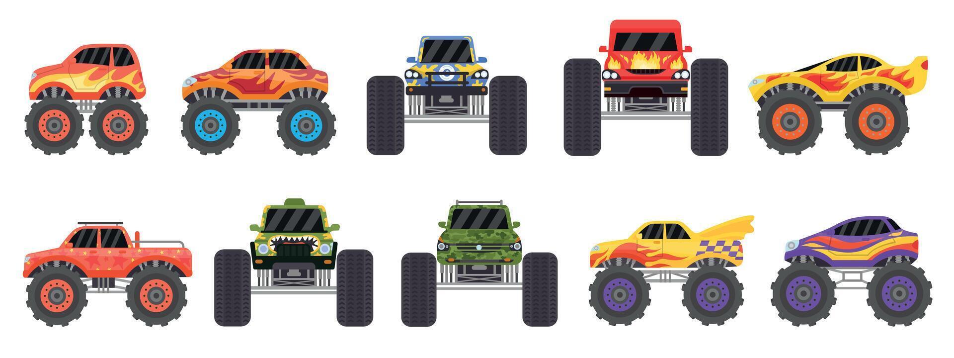 Cartoon monster trucks designs side and front view. Offroad race cars with large wheels and fire. Extreme sport heavy vehicles vector set