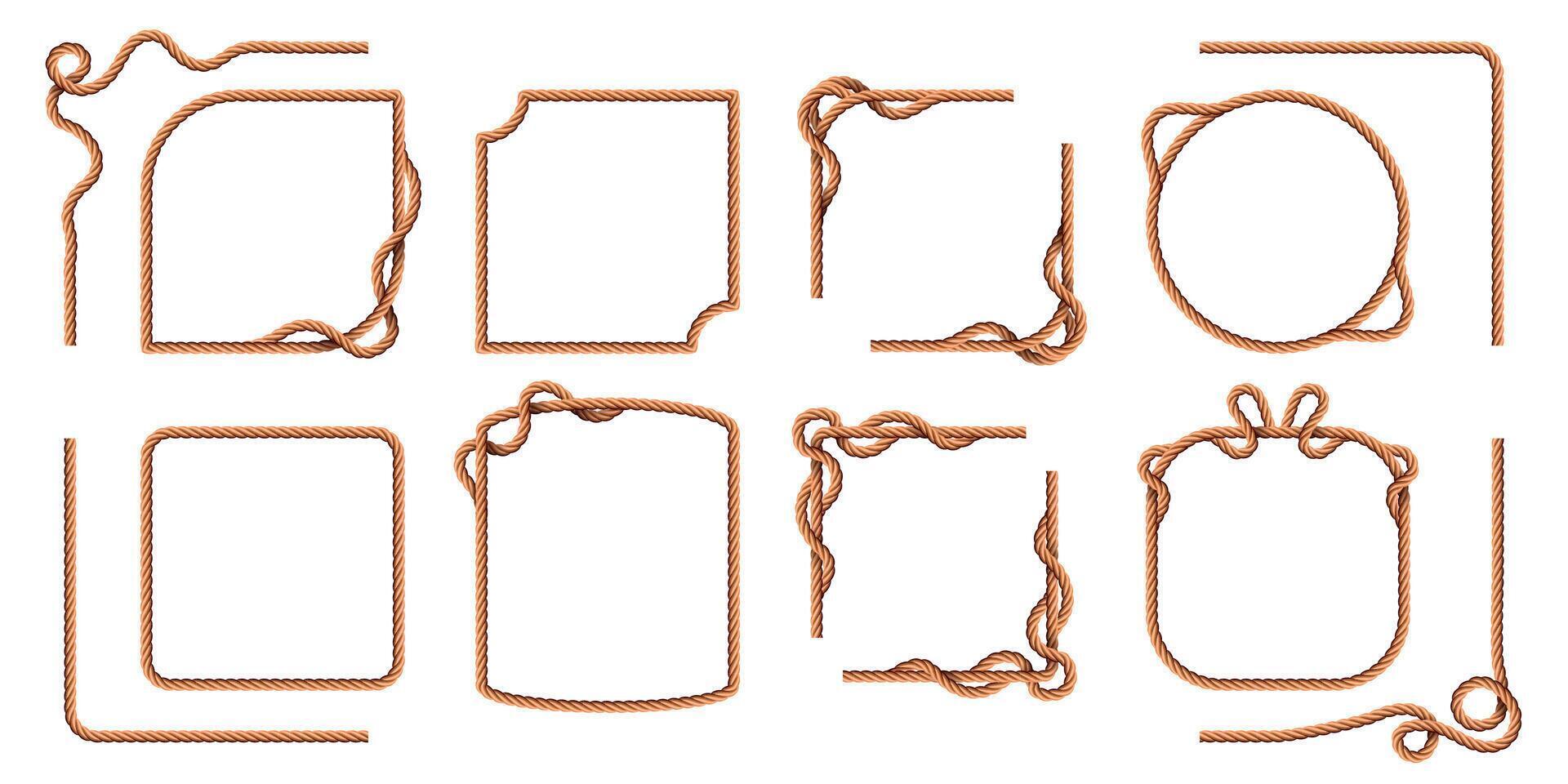 Rope frames. Hemp thread square and round borders, curved nautical cord lines. Realistic cartoon sailor jute strings and twines vector set