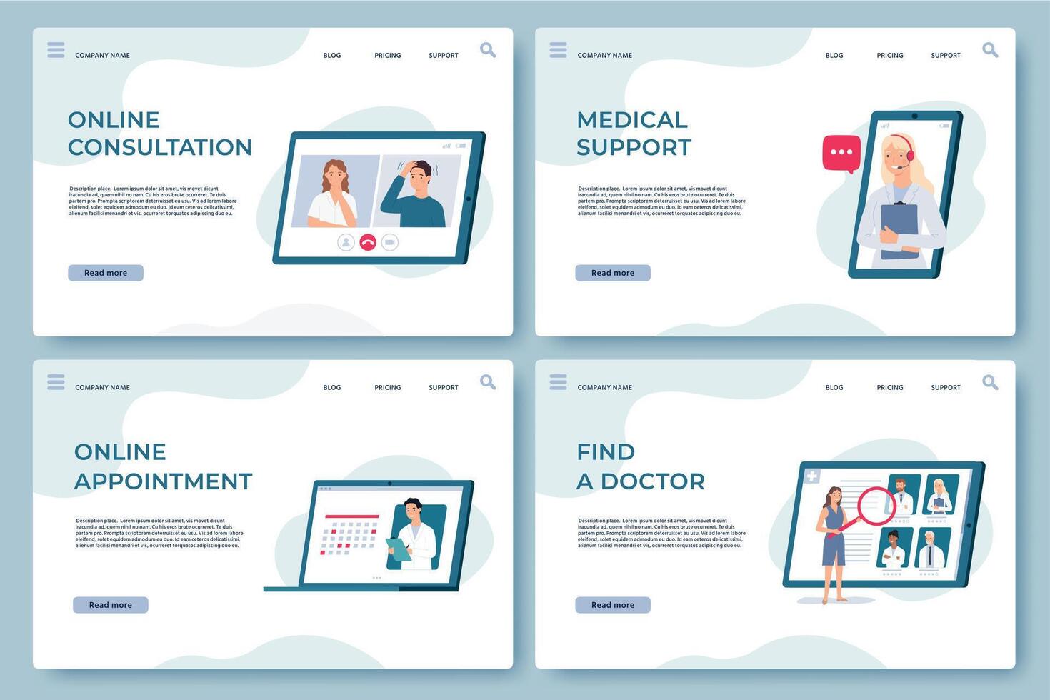 Medical consultation landing pages. Online doctor support, health services, find specialist and make appointment. Medicine vector web page