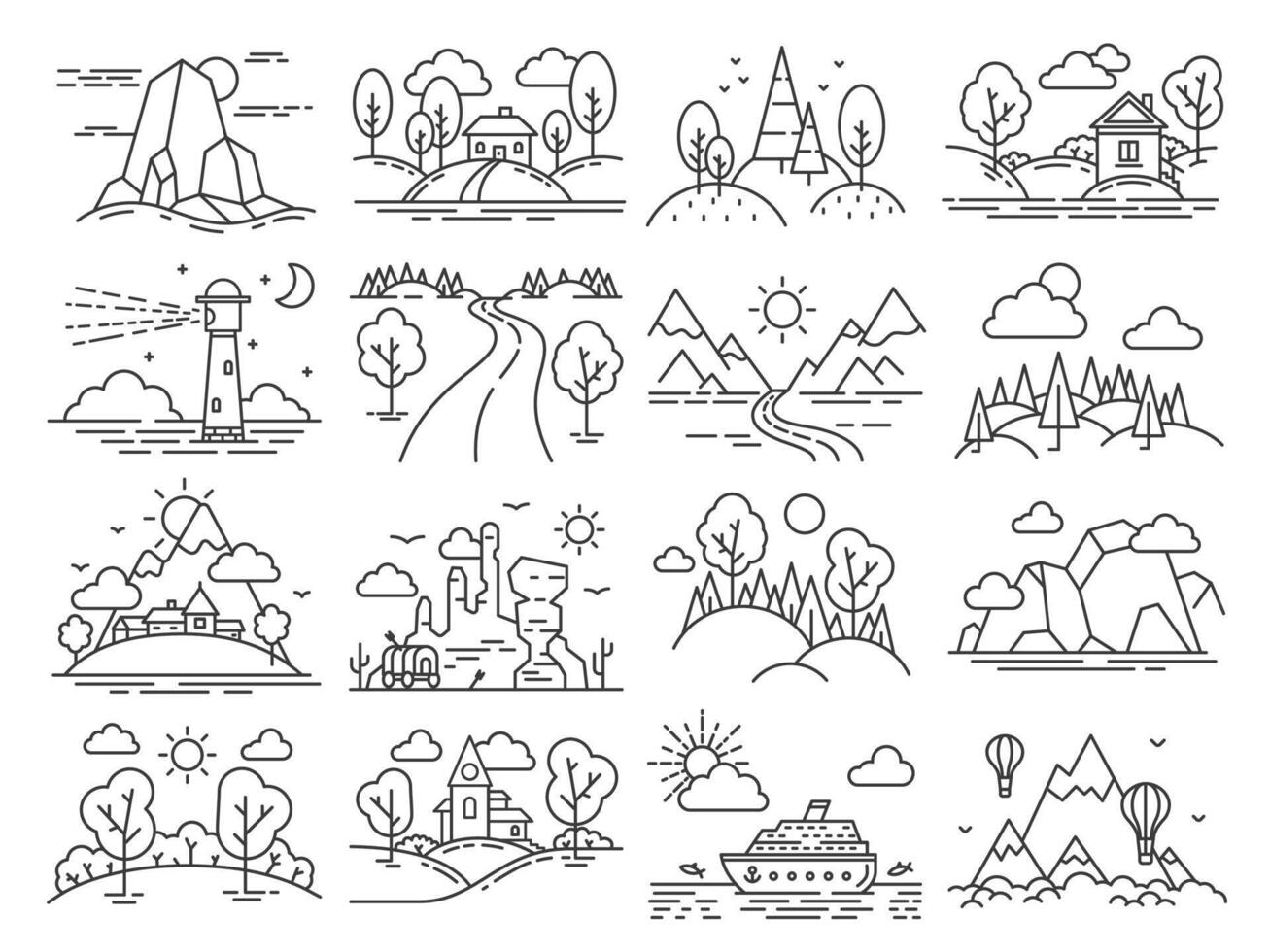 Line icon landscape. Outline cabin in forest, mountain, sea linear, air balloons in sky and lighthouse. Nature and country tourism vector set