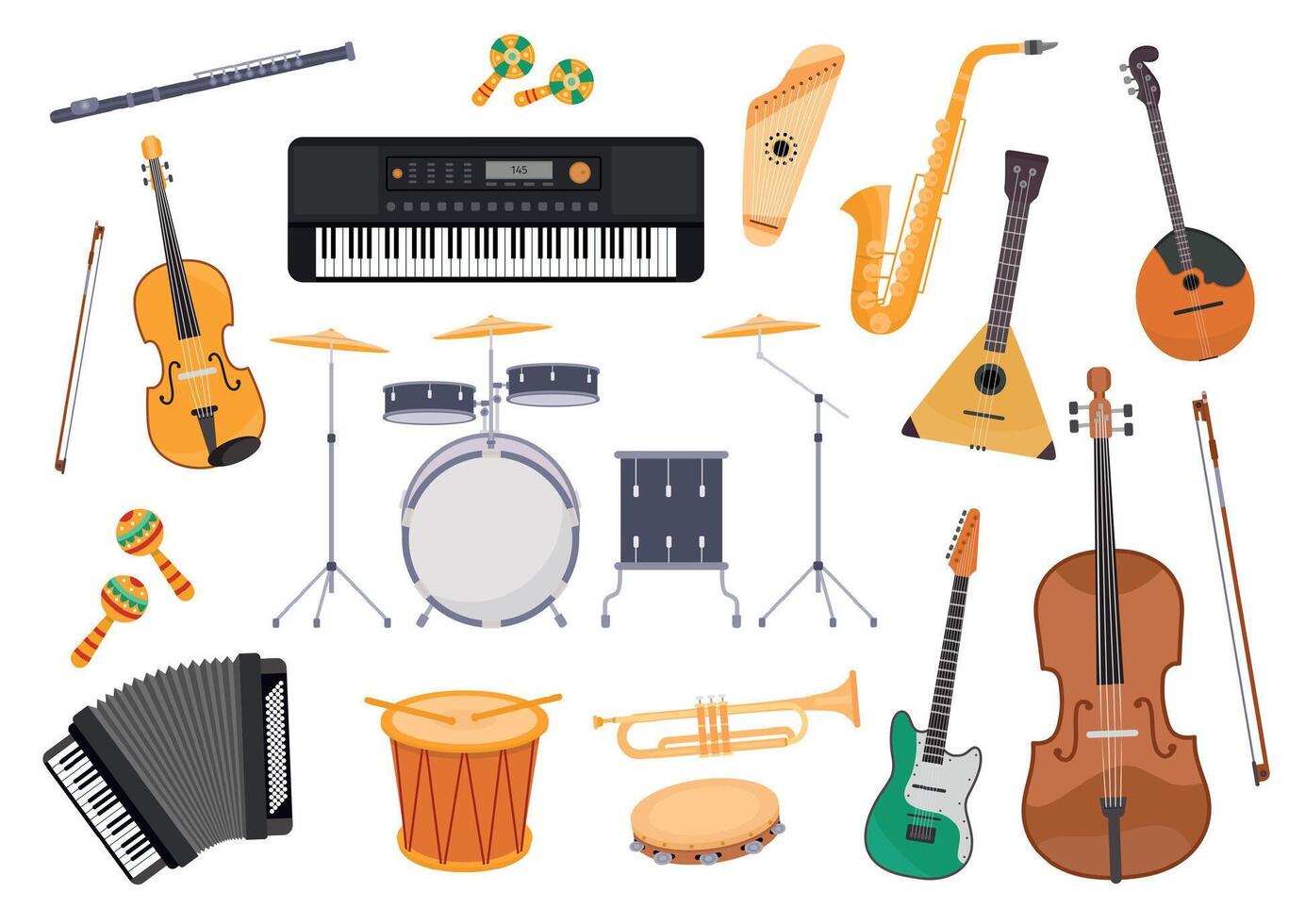 Flat musical instrument, guitar, accordion, drum, saxophone and flute. Classic folk music orchestra, jazz and rock band equipment vector set