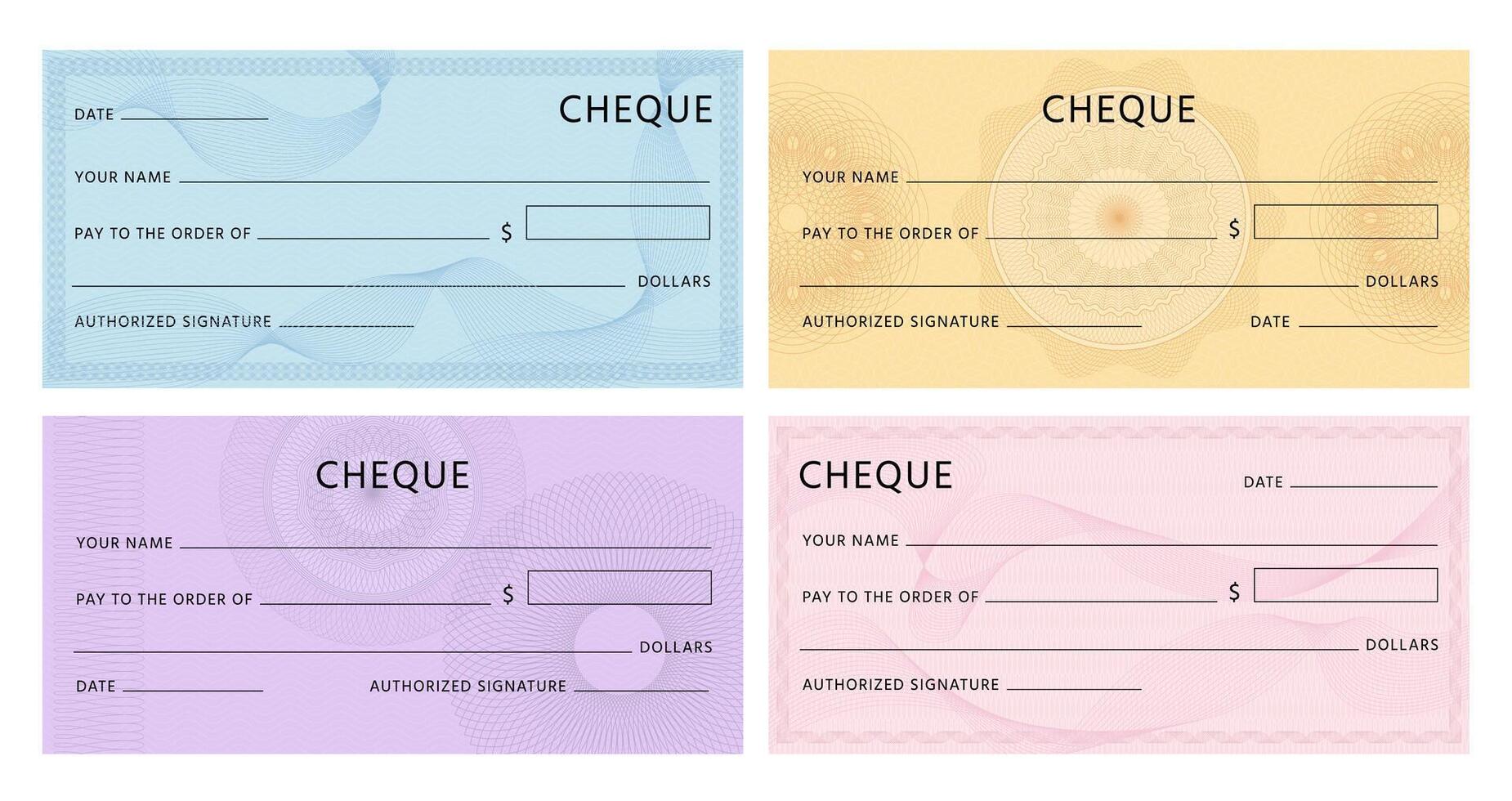 Cheque with guilloche. Bank chequebook template. Blank mockup for banknote voucher with spirograph watermark and abstract pattern vector set