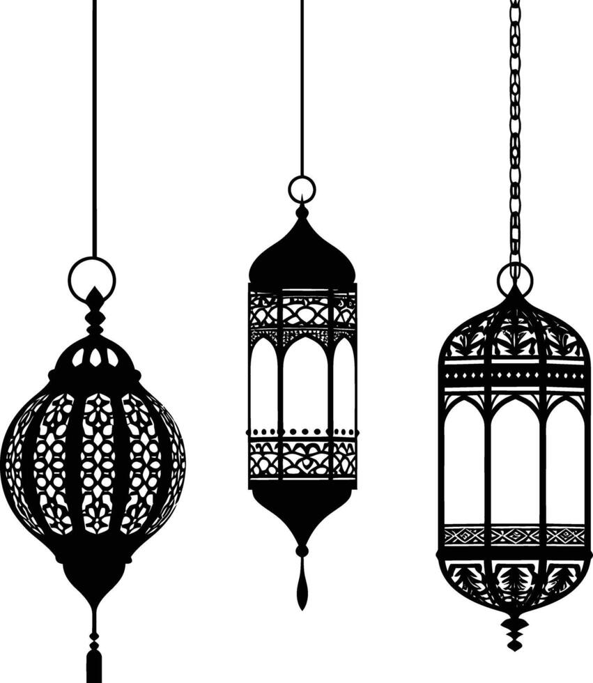 AI generated Silhouette Arabic hanging lanterns black color only vector