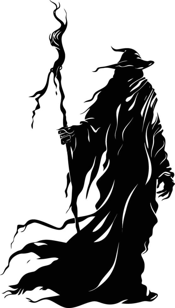 AI generated Silhouette mage with staff full body black color only vector