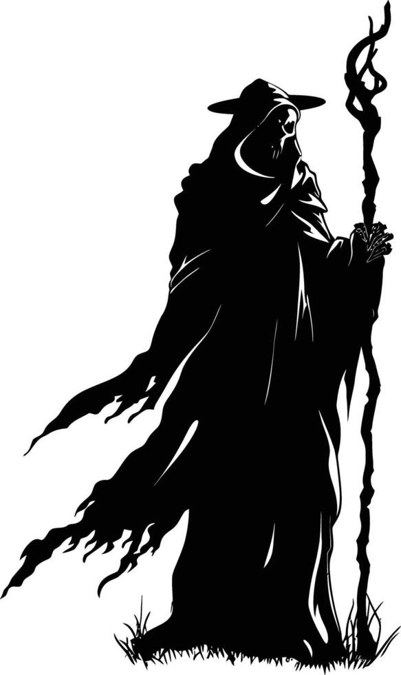 AI generated Silhouette mage with staff full body black color only vector