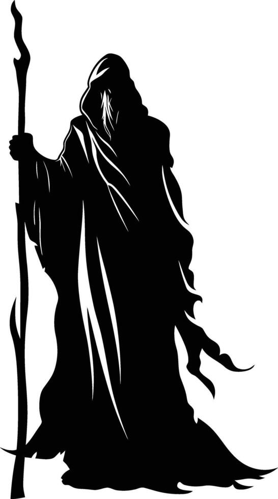 AI generated Silhouette mage with staff full body black color only vector