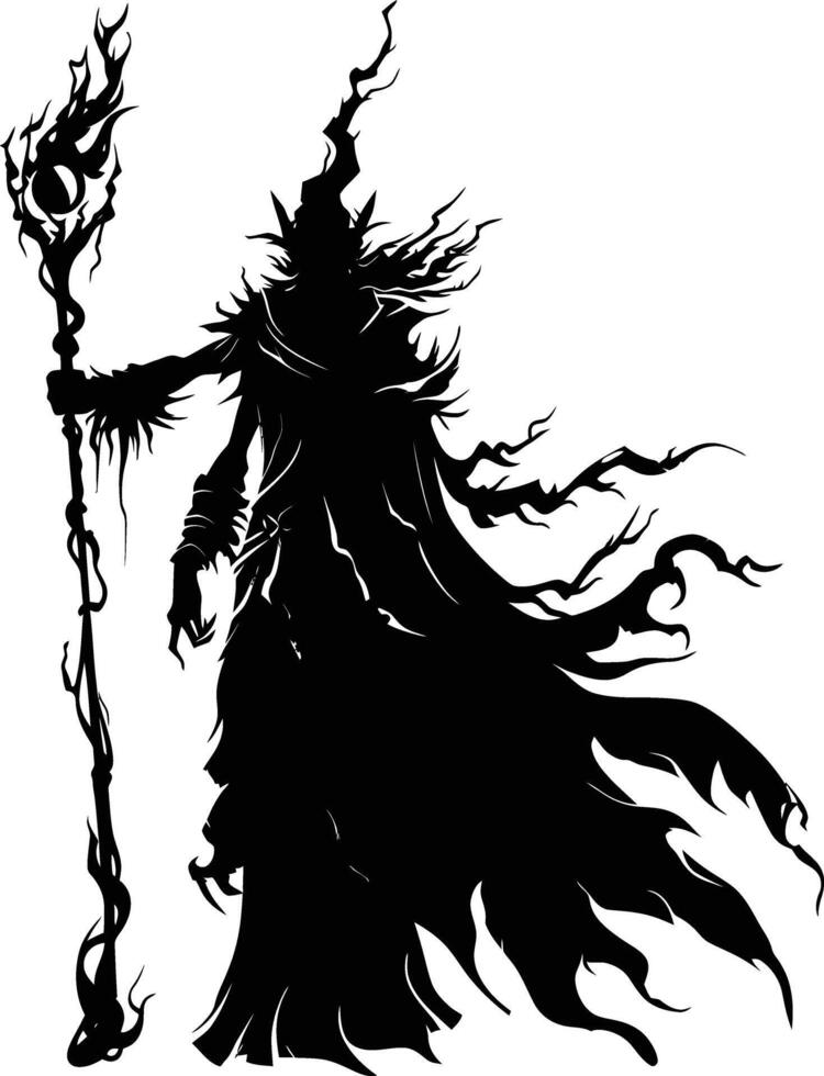AI generated Silhouette mage with staff full body black color only vector