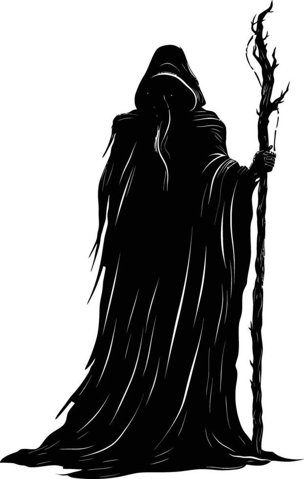 AI generated Silhouette mage with staff full body black color only vector