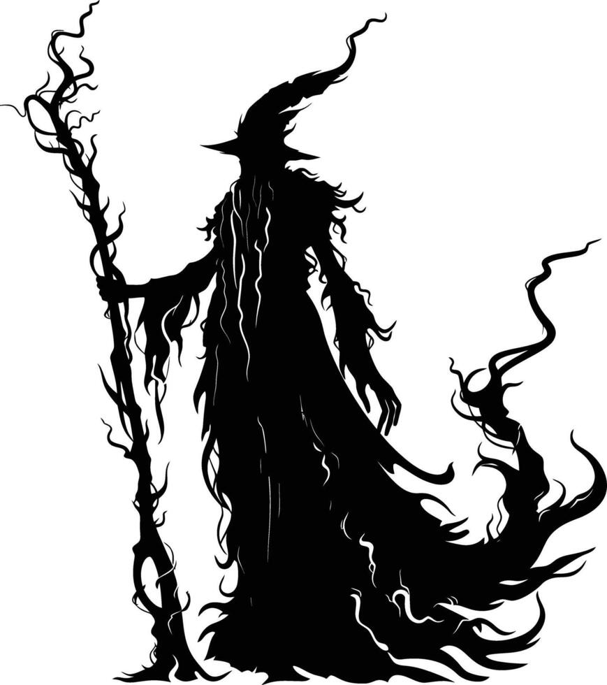 AI generated Silhouette mage with staff full body black color only vector