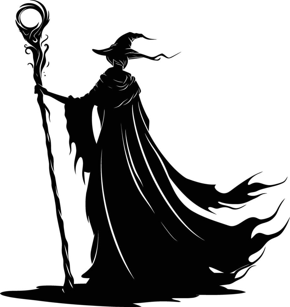 AI generated Silhouette mage with staff full body black color only vector