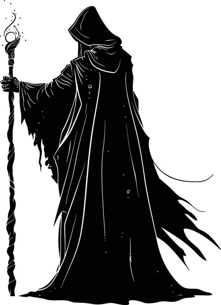 AI generated Silhouette mage with staff full body black color only vector