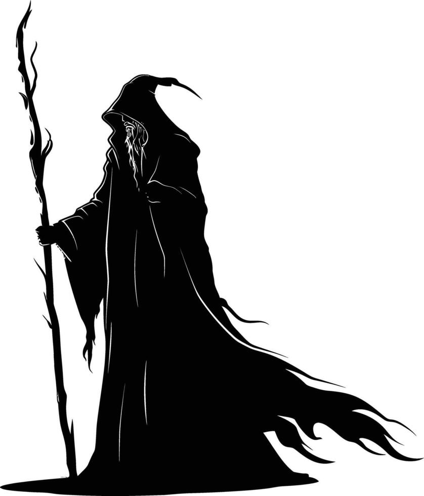 AI generated Silhouette mage with staff full body black color only vector