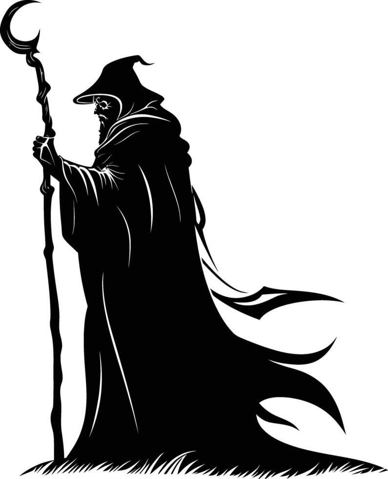 AI generated Silhouette mage with staff full body black color only vector