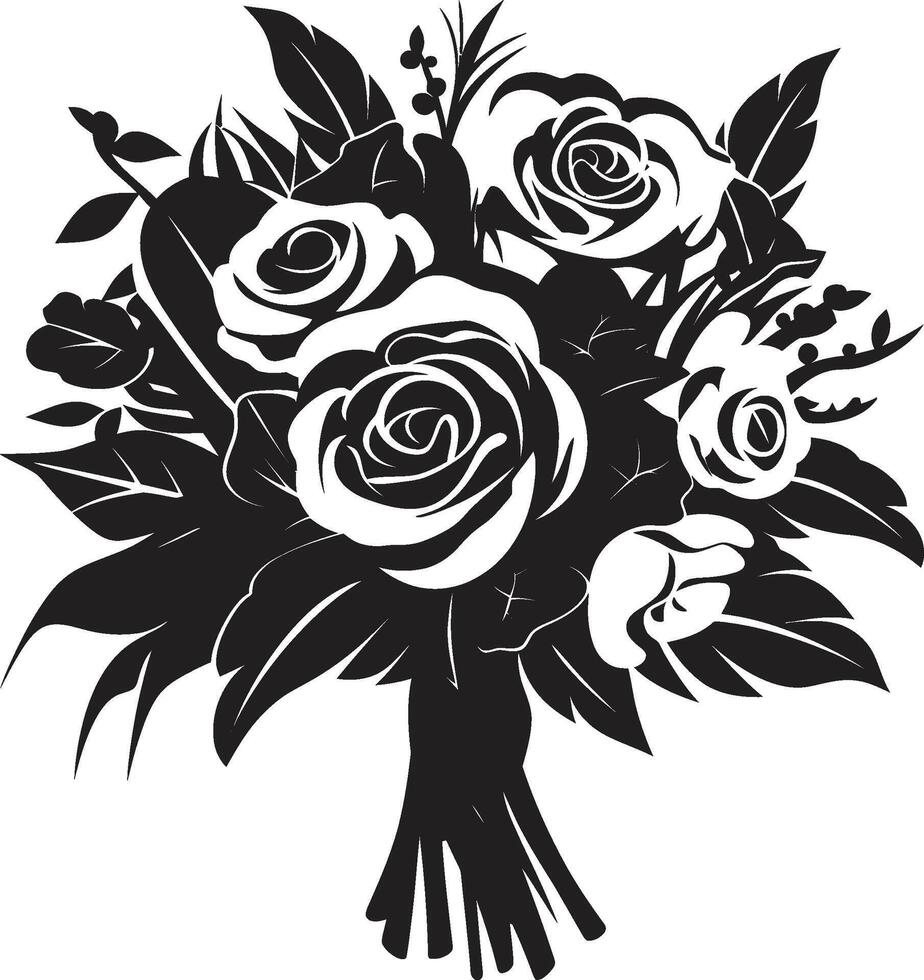 Chic Petal Harmony Monotone Bridal Vector Floral Radiance Black Bouquet Emblem Design