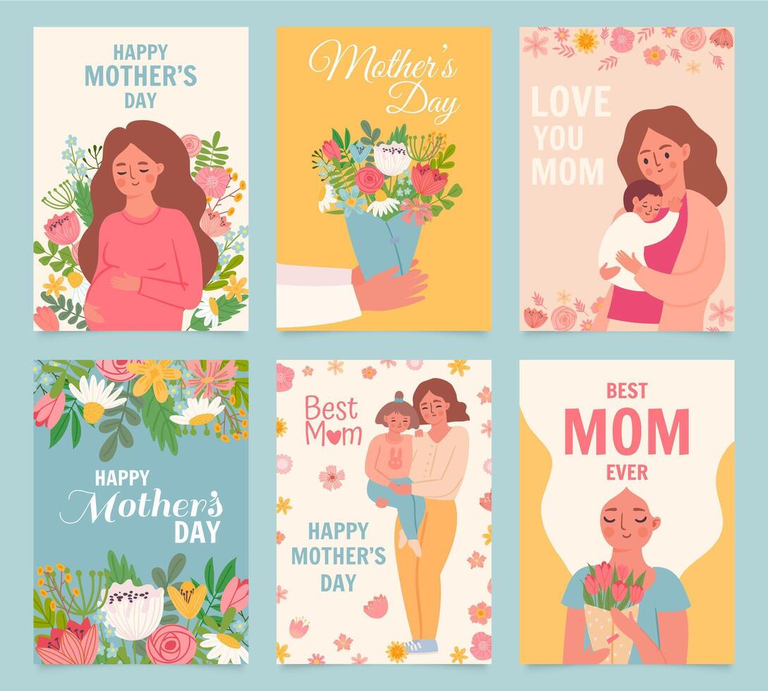 Happy mothers day card. Best mom ever, flower bouquet gift for mother, woman hug baby and daughter. Mothers and children poster vector set