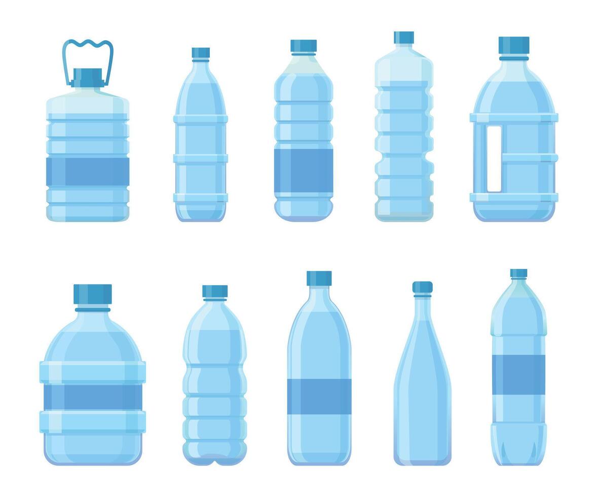 dibujos animados el plastico botellas con agua. bebidas paquetes, mascota contenedores para bebida, jugo o soda. azul embalaje para mineral agua vector conjunto