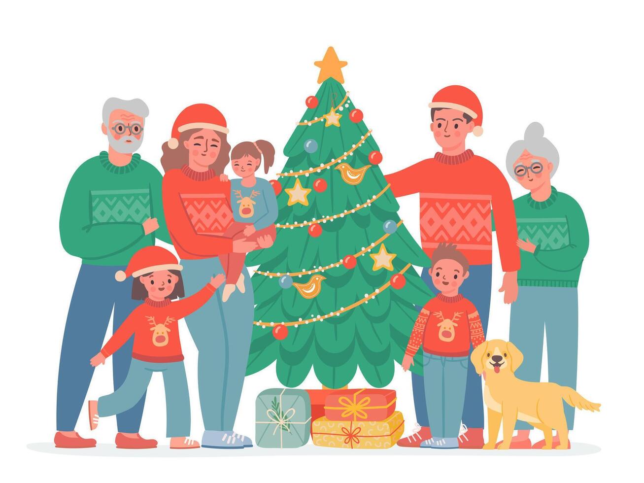Big christmas family. Grandma, grandpa, mom and dad, kids and dog in sweaters and santa hat. Vector family portrait with decorated pine tree