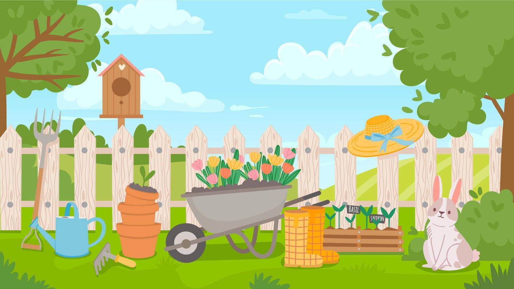 Garden landscape with tools. Cartoon spring poster with yard and fence, wheelbarrow, flowers, seedling and pots. Gardening vector concept