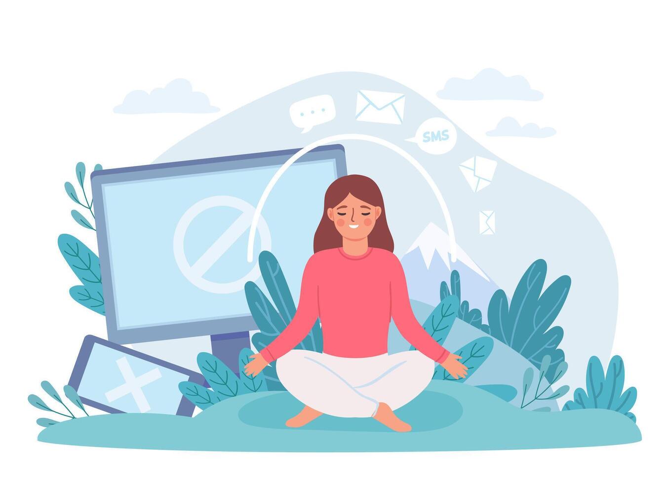 digital desintoxicación mujer en loto actitud meditar y tomar descanso desde Internet, teléfono y social redes desconectar desconectado vida vector concepto