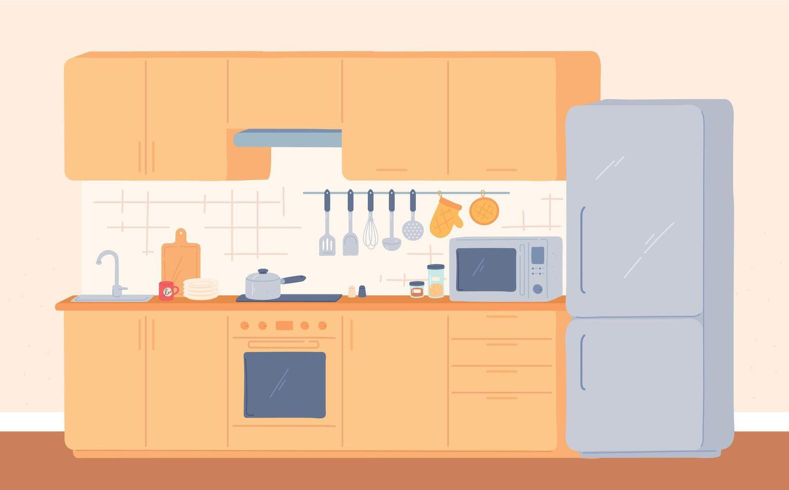 cocina interior. mueble para Cocinando cocina, horno, armario, lavabo y refrigerador. moderno cocina con accesorios y utensilios, vector habitación