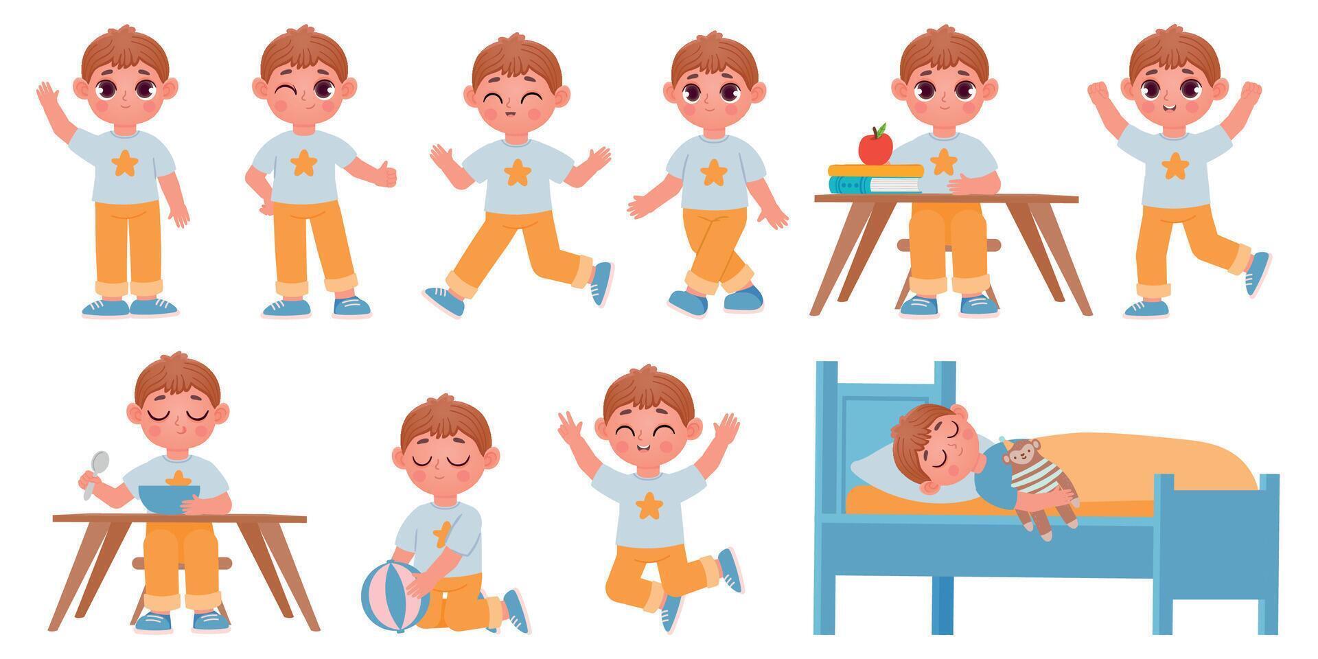 dibujos animados niño chico personaje posa, gestos y expresiones para animación. contento colegio niño jugando, durmiendo, ondulación y corriendo vector conjunto