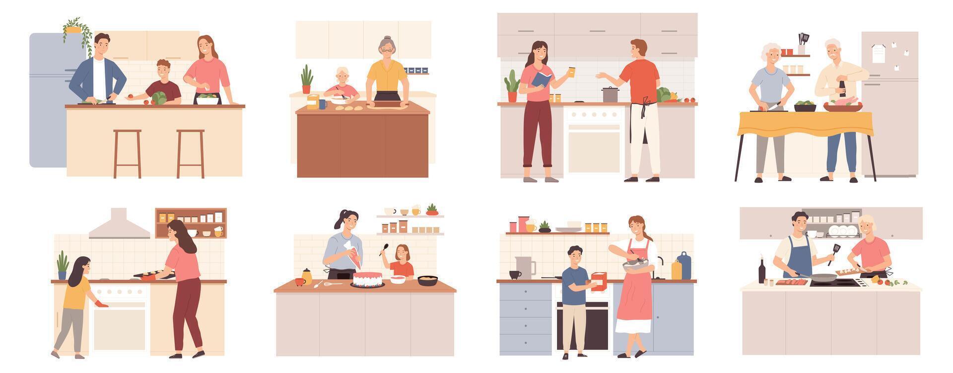 Family cooking at home. Parents, grandparents and kids preparing food for dinner, bake cookies and cake. Mom and child at kitchen vector set