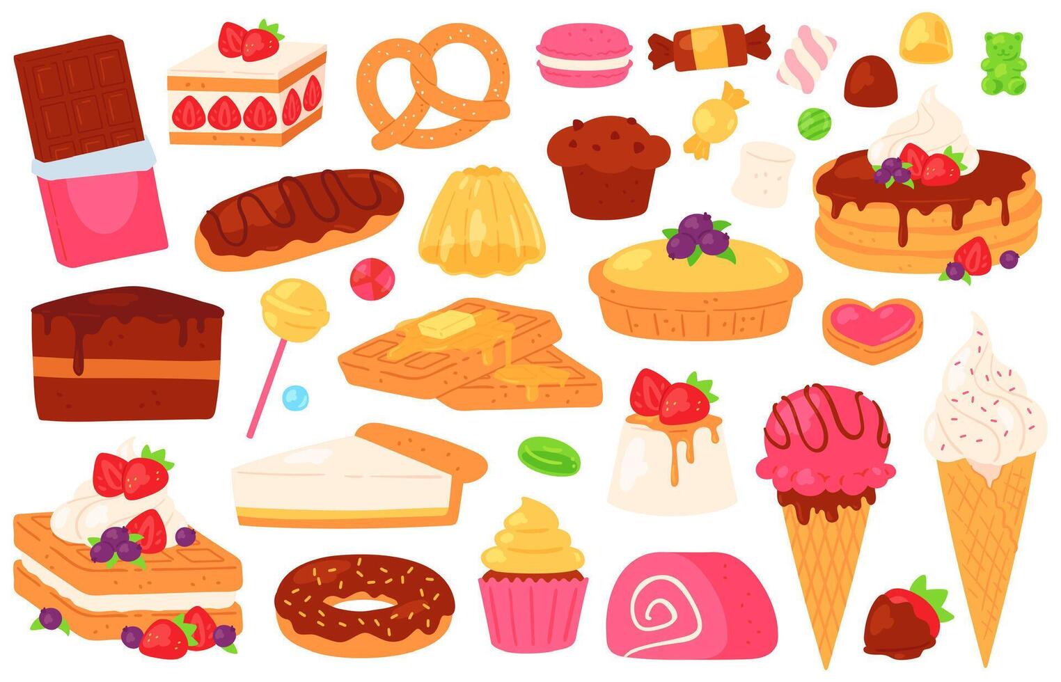 Cartoon confectionery sweets. Chocolate cake, cupcake, sweet baked pastry and pancakes, ice cream, jelly and eclair. Dessert food vector set