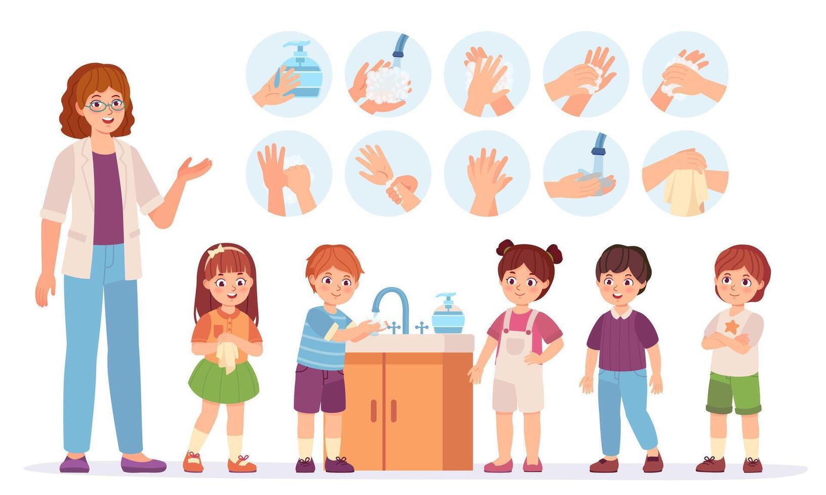 Kids washing hands. Cartoon children at school use soap to skin in bathroom. Prevent virus and infection concept. Hygiene vector infographic