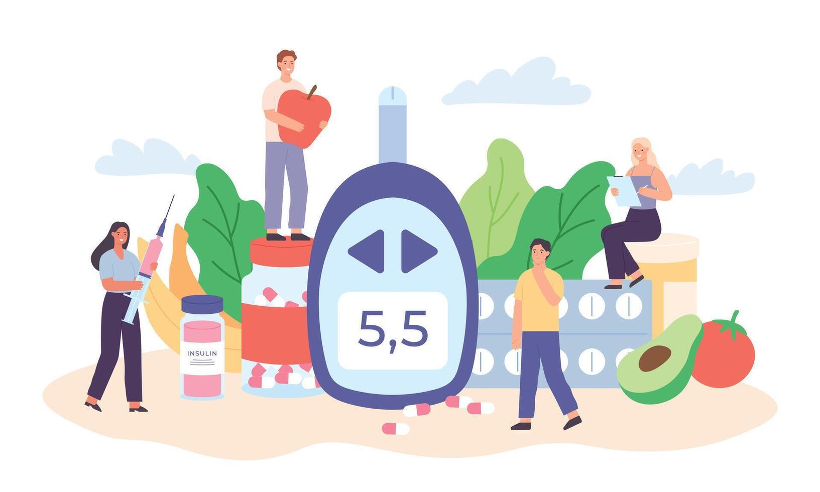 Diabetes poster with characters. Tiny people with diet food, diabetic medications and glucometers for sugar level blood test vector concept