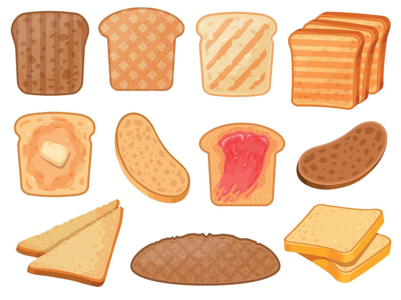 Cartoon toasts. Fresh toasted whole grain and wheat bread slices with butter and jam for breakfast. Roasted sandwich toast pieces vector set