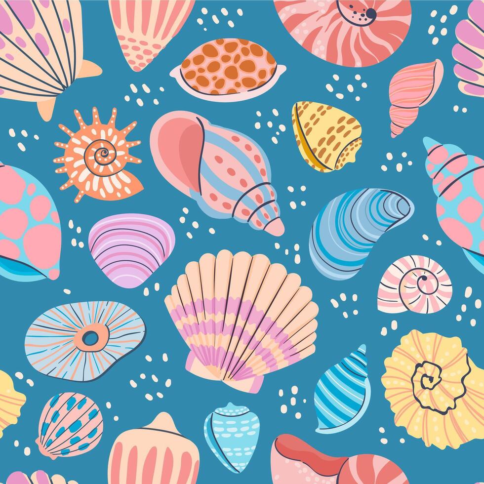 Seashell seamless pattern. Summer ocean print with clam shells, oysters, scallops and shellfish. Marine mollusk seashells vector wallpaper
