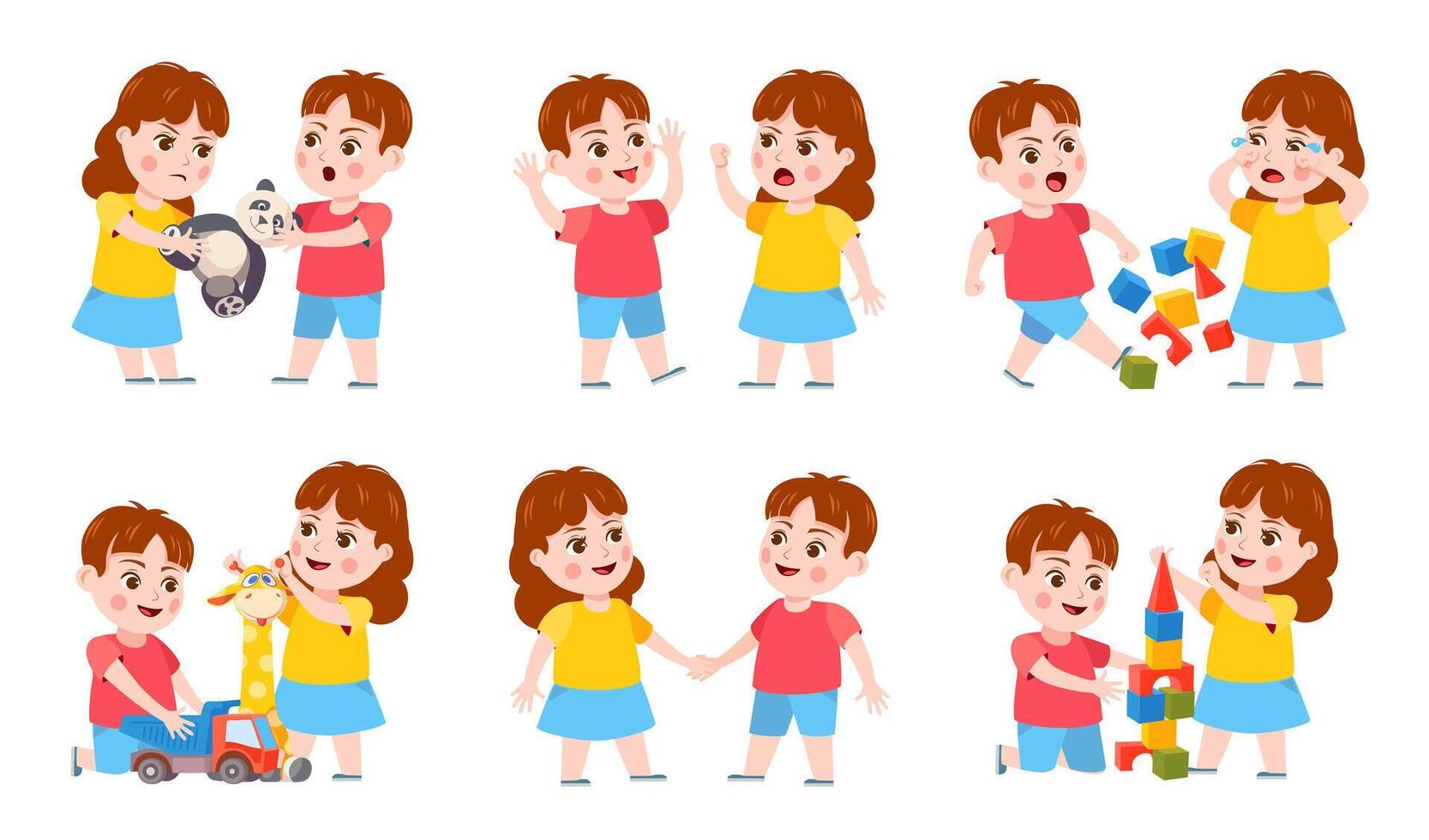 Brother and sister fight. Cartoon siblings angry, quarrel and cry. Kids fighting over a toy, playing together and holding hands vector set