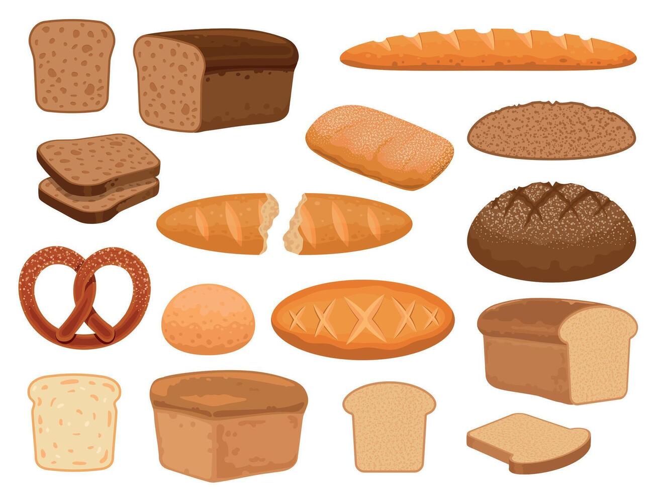 dibujos animados un pan productos brindis rebanada, horneado francés junquillo, trigo y todo grano pan, galleta salada y ciabatta. Fresco panadería Pastelería vector conjunto