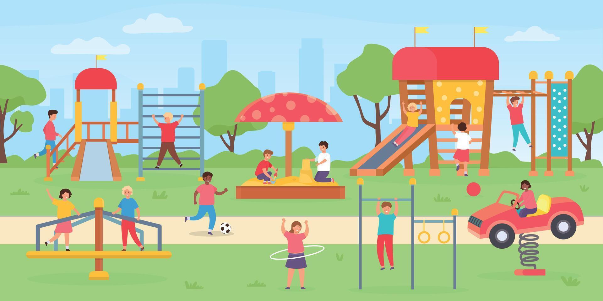 Kids playground at park. Group of children playing outdoor, on swings, slide and game house. Flat city park with boys and girls vector scene