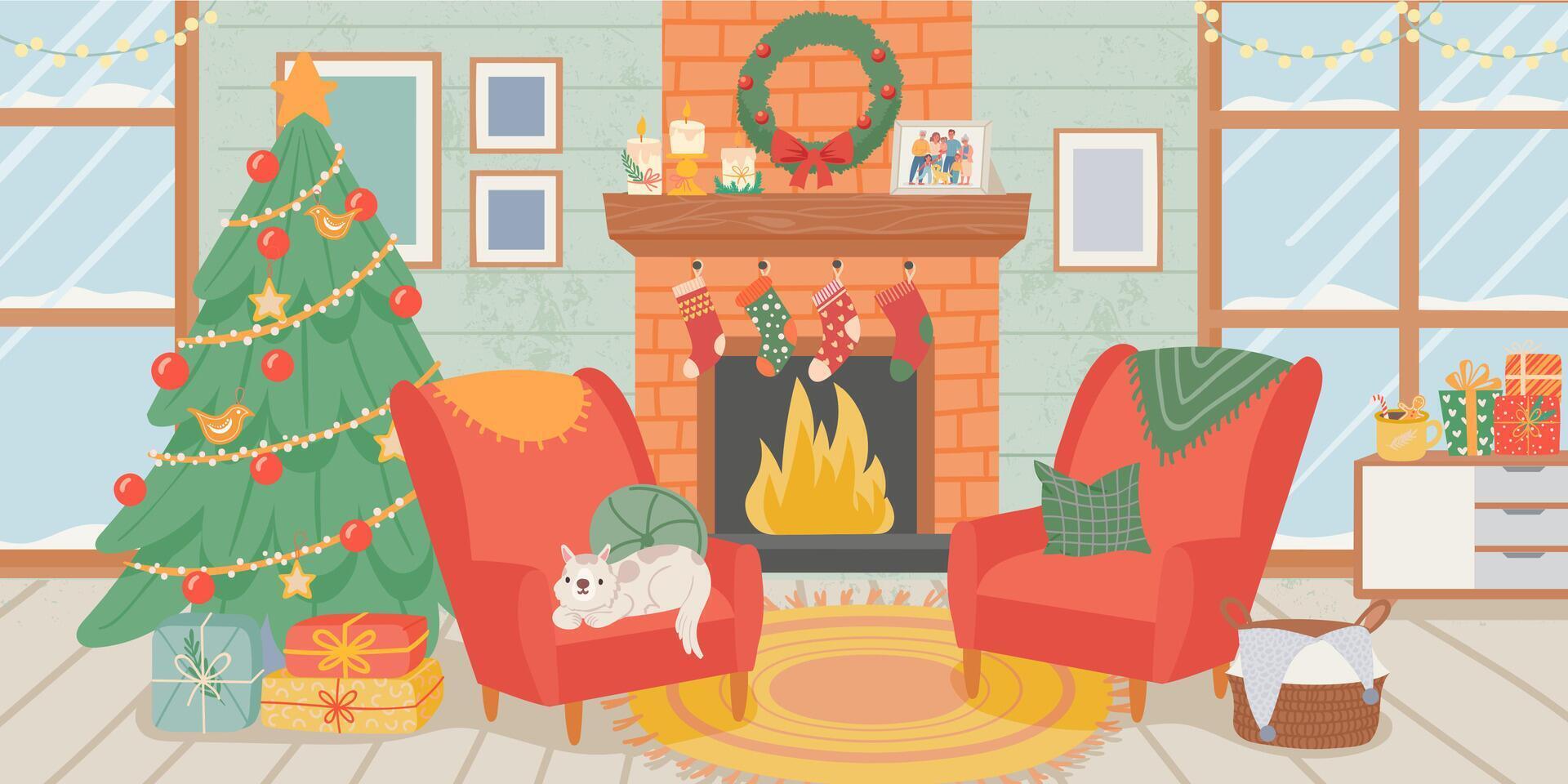 Navidad vivo habitación interior. nuevo año hogar decoración, Navidad árbol con regalo cajas, perro y hogar con medias. acogedor invierno vector escena