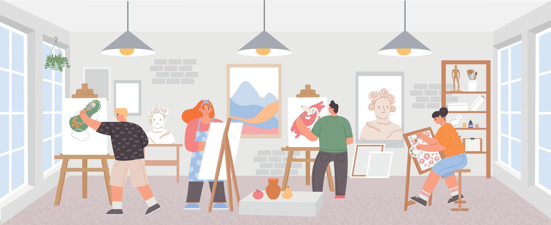 Workshop classroom with artists painting art work on easels. Painters man and woman. Creative draw courses studio, paint class vector poster