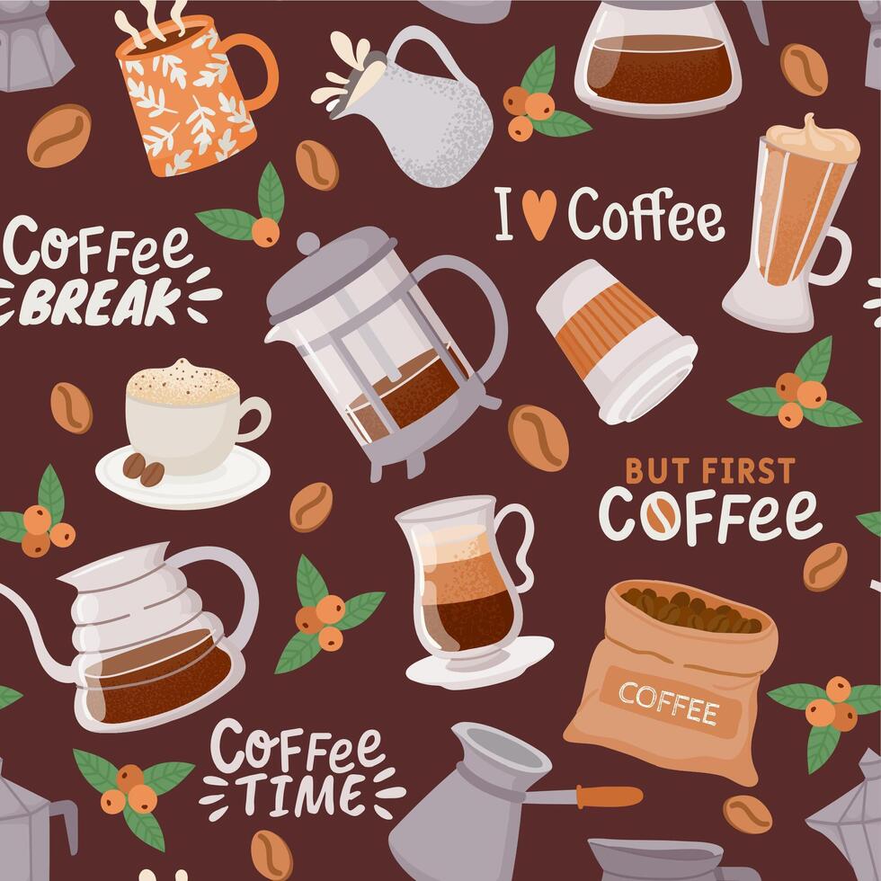 Coffee seamless pattern. Cup with cappuccino, latte, espresso maker and cream. Coffee element and quote for cafe or kitchen vector wallpaper