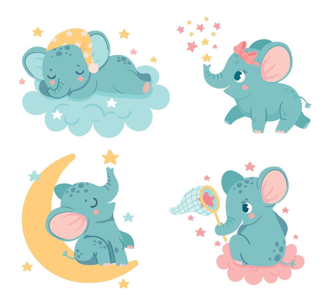 linda dibujos animados elefantes bebé caracteres soñando, dormido en mullido nube. adorable animal sentado en Luna vector