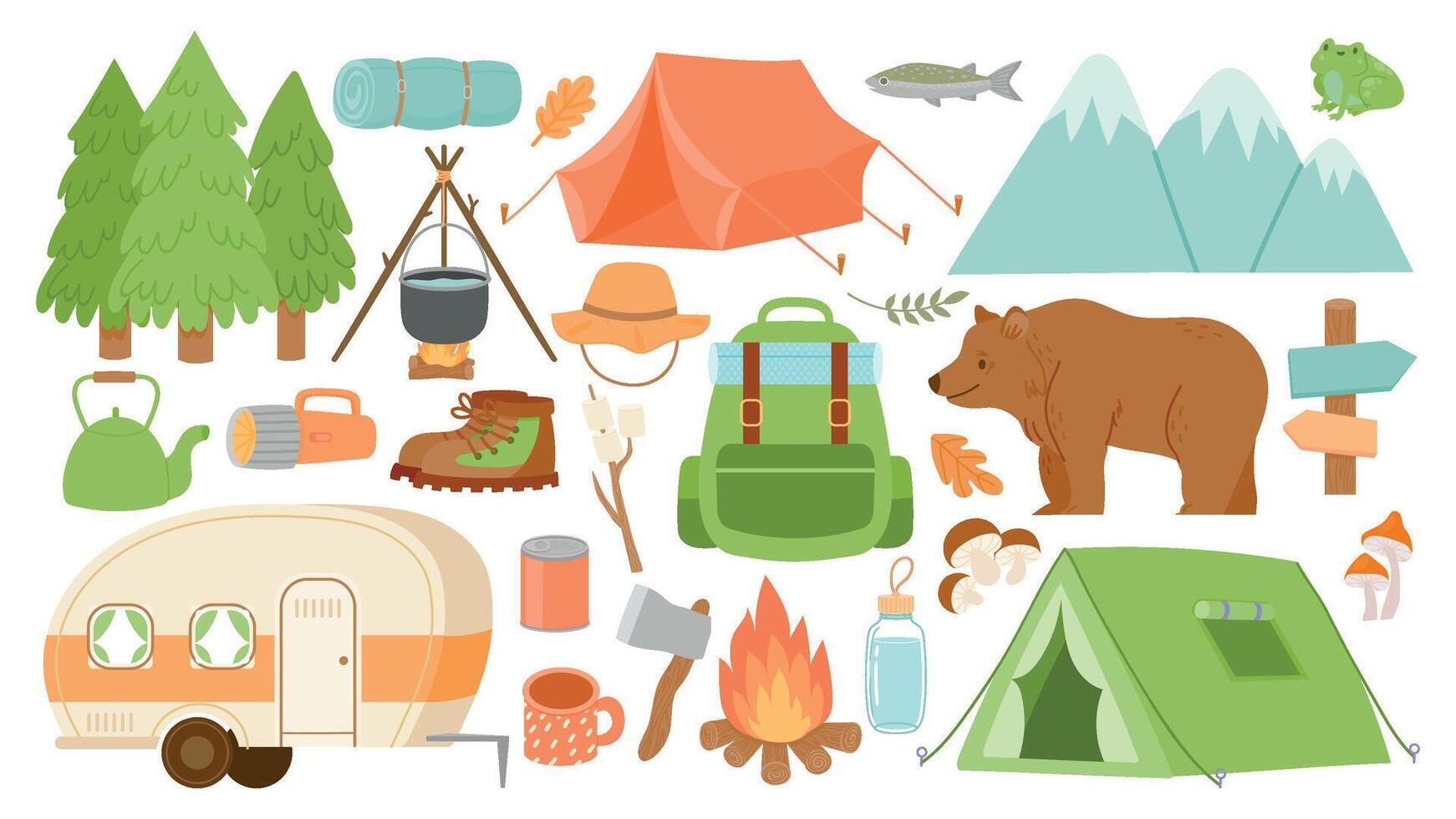 Cartoon camping and hiking equipment, tent and forest nature. Camp fire, bag, road home, lantern and mat. Survival hike adventure vector set