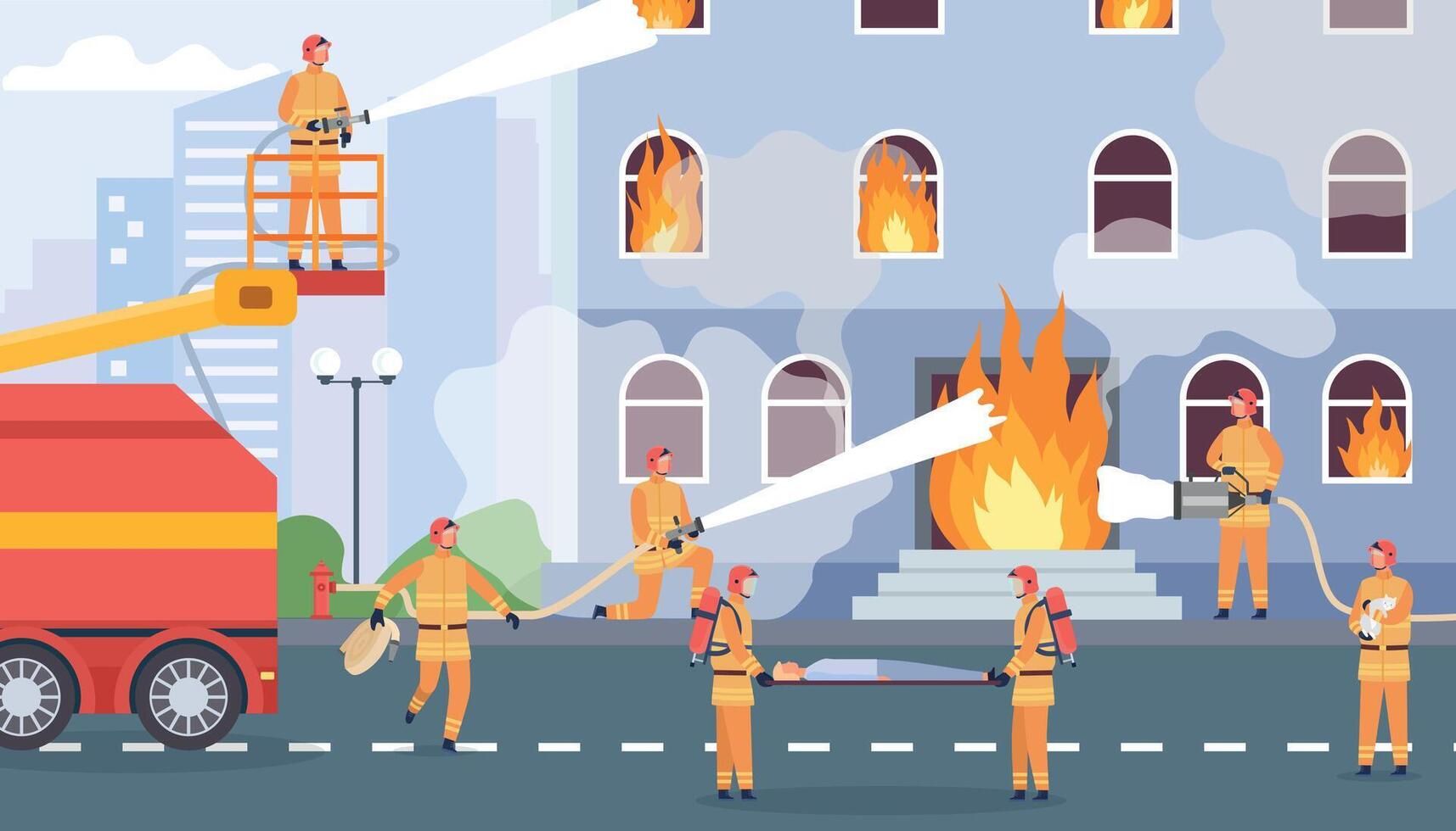 Fire fighting team extinguish burning building and rescue people. Fireman with water hose put out flame. Flat fire emergency vector concept