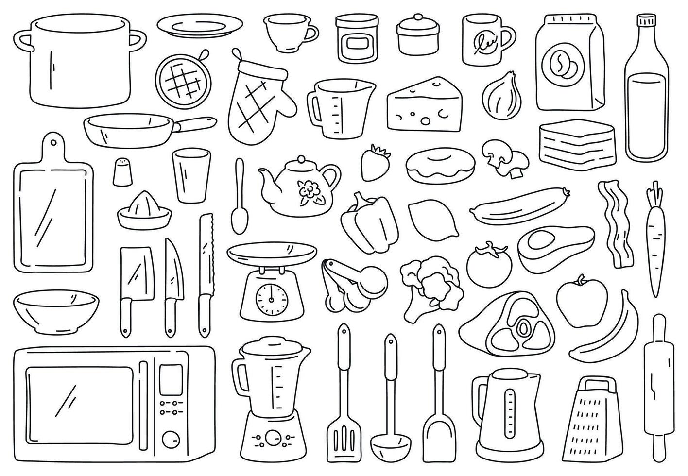 Cooking tools and ingredients. Food prepare, kitchen cookware and utensil. Outline spoon, knife, bowl and plate. Culinary vector doodle set