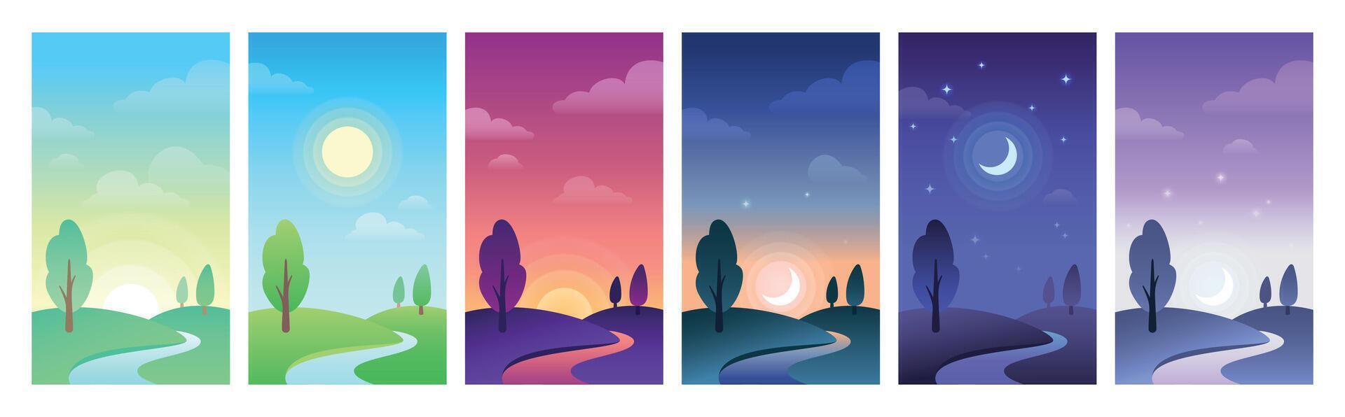 campo paisaje en partes de día tiempo. cielo y campo tiempo de día circulo como amanecer, mediodía, puesta de sol y noche vector