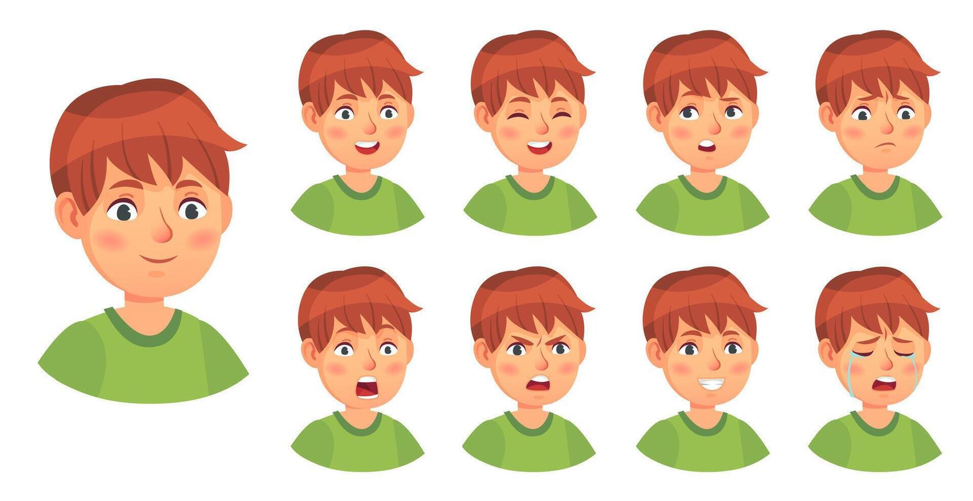 Boy emotions set, happy cry and angry vector