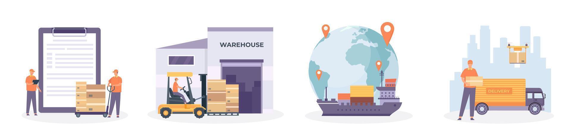 global logístico cadena. internacional suministrar, distribución, depósito, transporte y entrega red. importar y exportar vector concepto