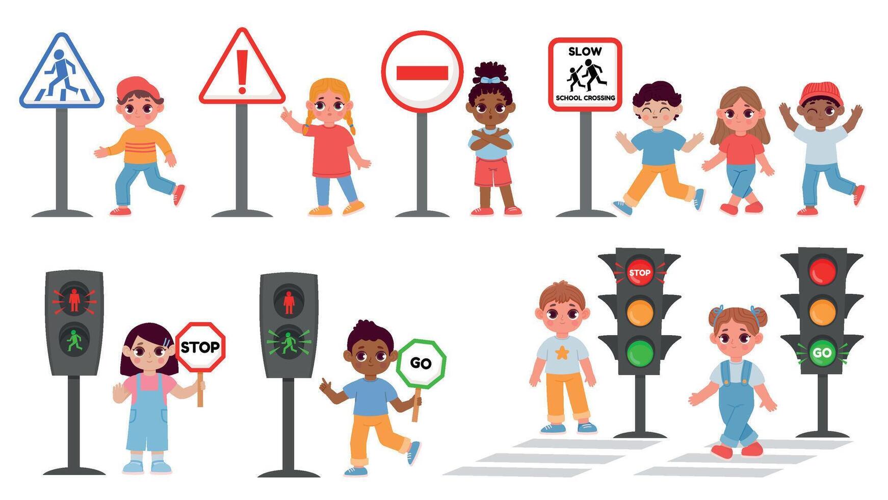 Children with traffic light and caution sign, road safety rules. Cartoon school kid crossing street crosswalk. Pavement education vector set