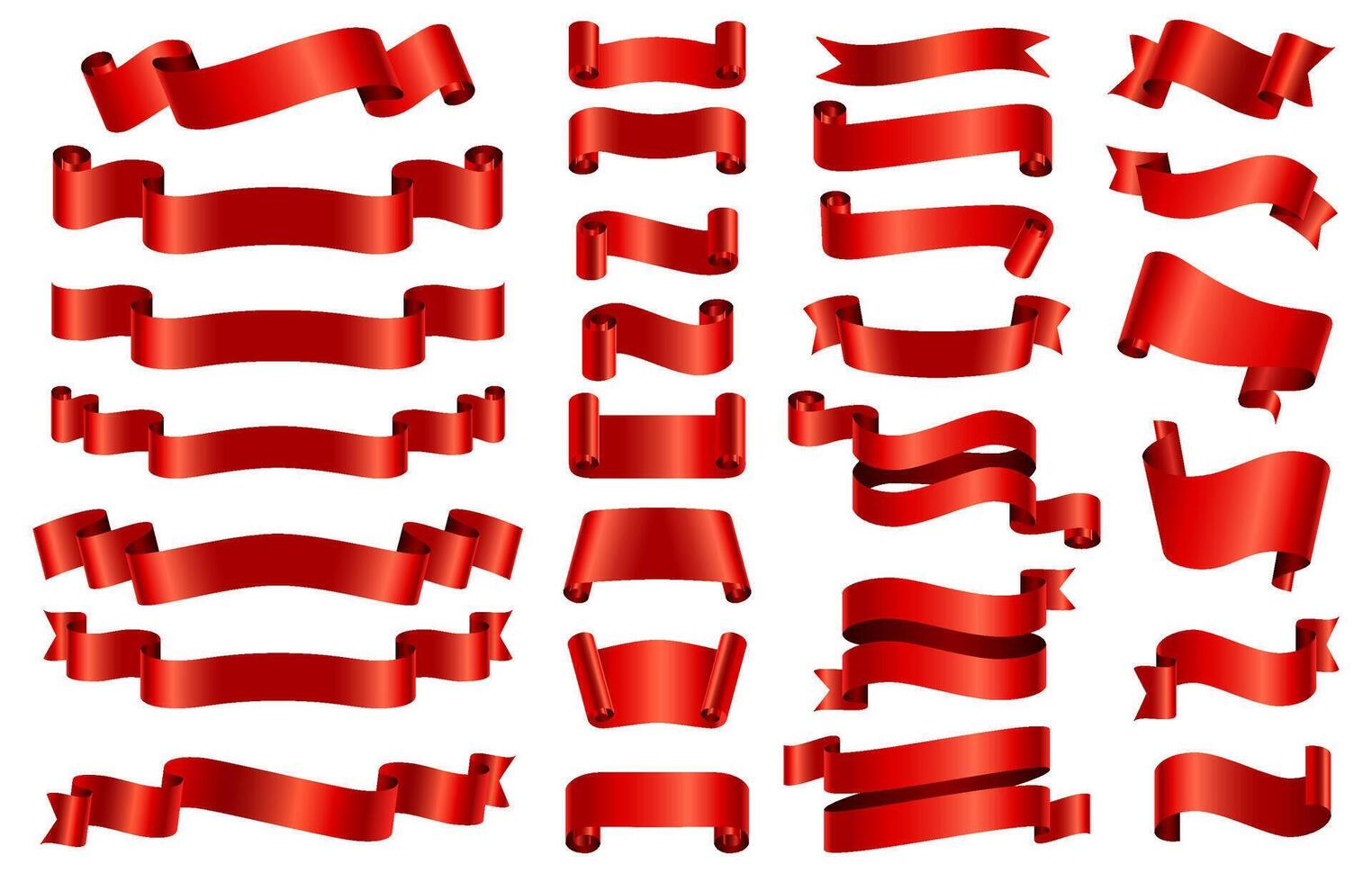 rojo seda cinta pancartas 3d curvo y espiral lustroso cintas para felicidades, apertura, regalo o festivo. satín decorativo banda vector conjunto