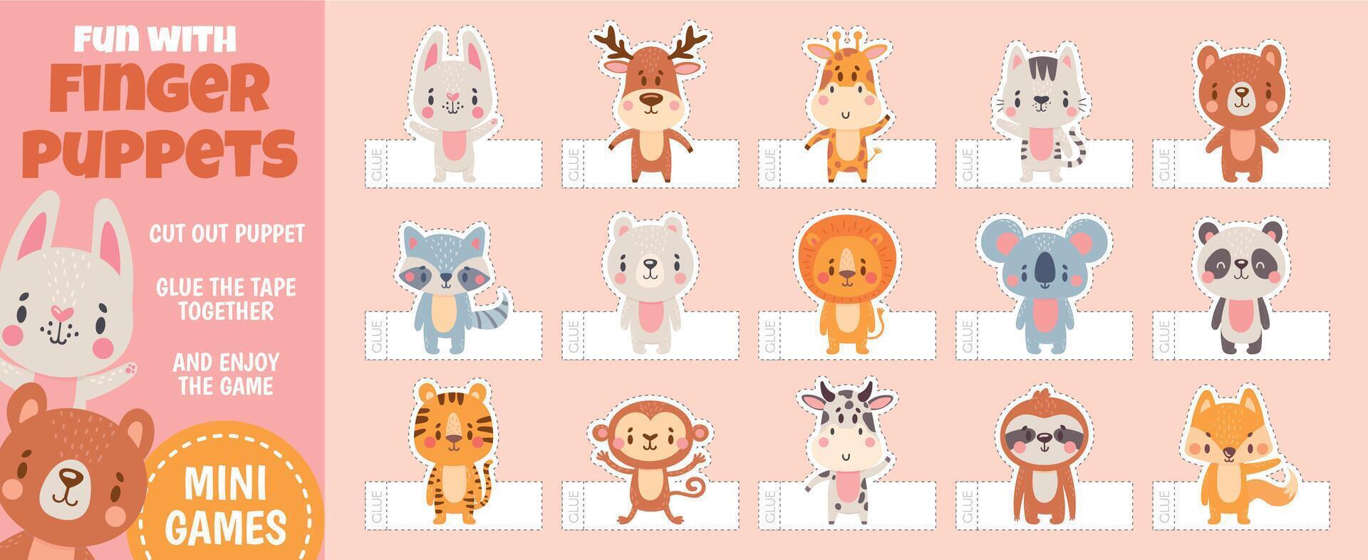 Finger puppets forest animals for paper cut kids activities. Home theater with handmade cartoon toys. Children craft education vector page