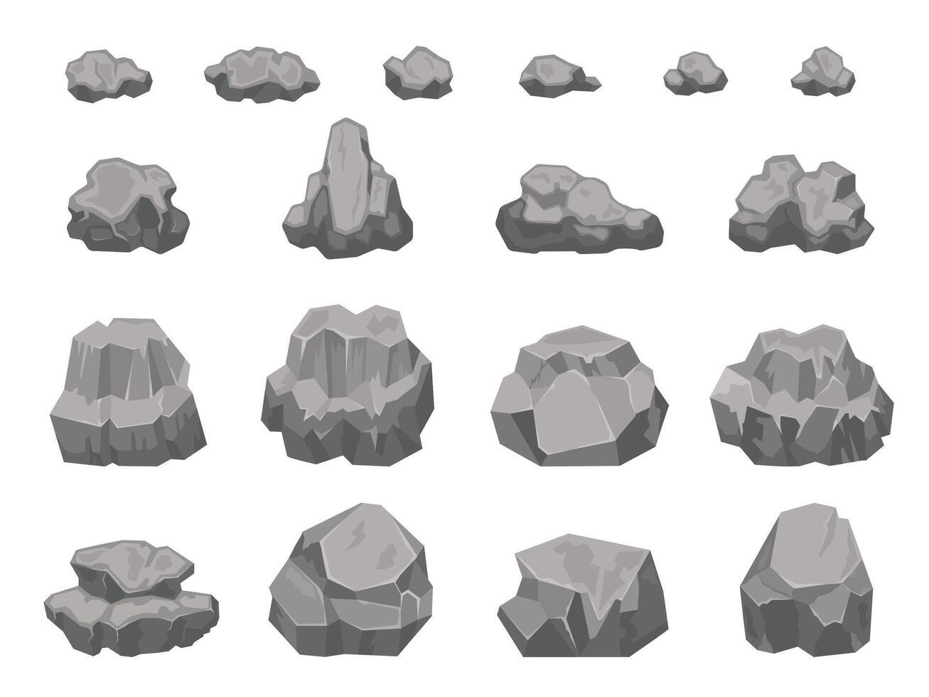 Cartoon stones, rocks, boulders, rubble and gravel pieces. Natural granite construction material. Rock debris, landscape elements vector set