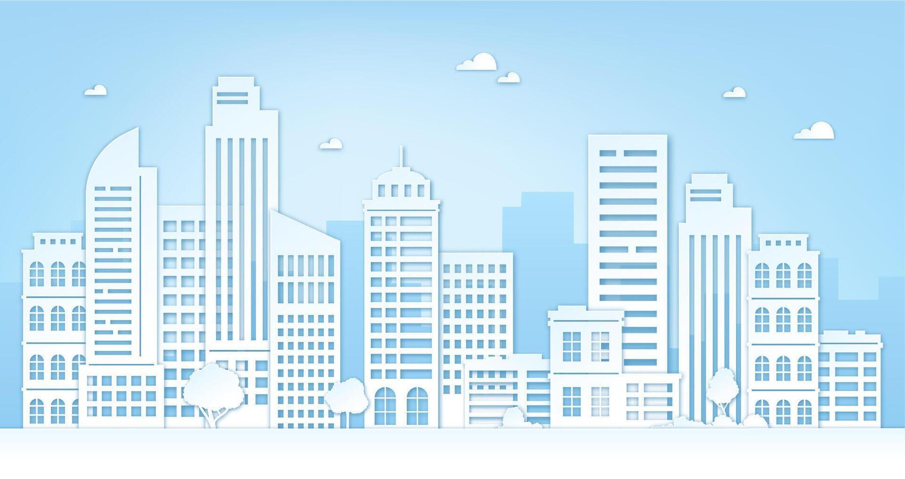 Paper cut cityscape. City landscape with skyscrapers, buildings, trees, sky and clouds. Origami silhouette of urban panorama vector concept